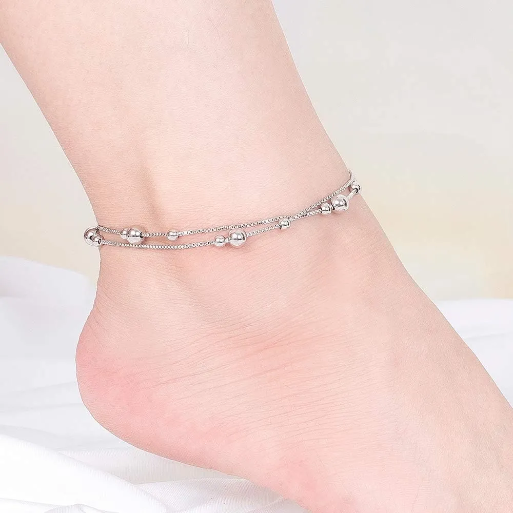 Charm Fashion 925 Sterling Silver Double Box Chain Anklet Bracelet Simple Adjustable Cute Bell Mickey Bracelet Gift For Women -Barefoot Beach Jewelry