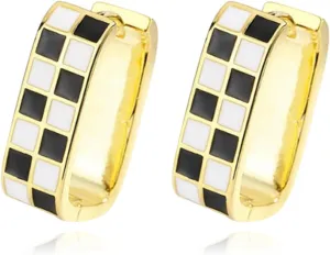 Checkered Chunky Oval Hoop Earrings for Women 14K Gold Minimalist Tiny White Black Enamel Round Circle Checker Earrings Fashion Trendy Jewelry Christmas Gifts
