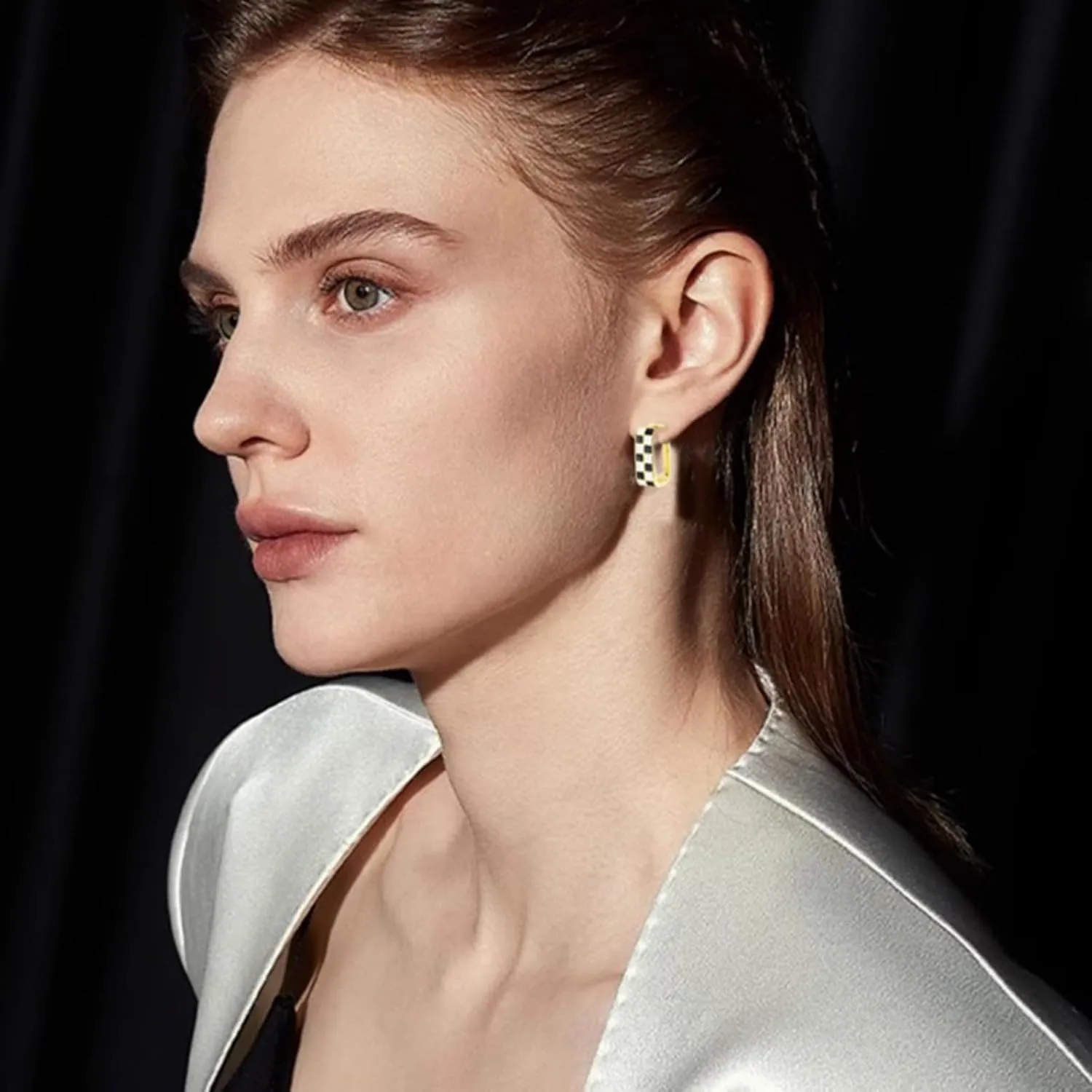 Checkered Chunky Oval Hoop Earrings for Women 14K Gold Minimalist Tiny White Black Enamel Round Circle Checker Earrings Fashion Trendy Jewelry Christmas Gifts