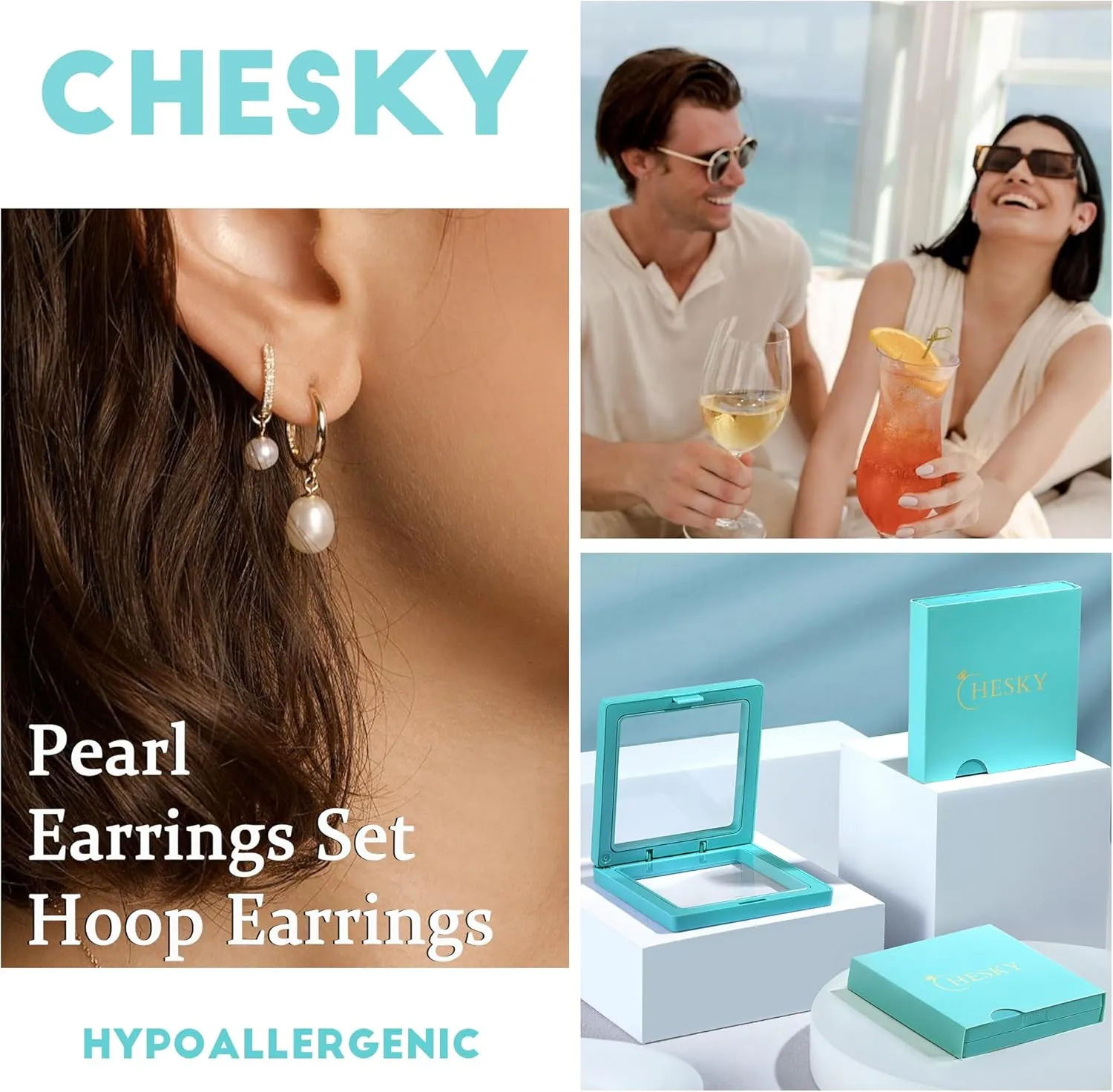 CHESKY 14k Gold Plated Pearl Hoop Earrings for Women - Trendy Chunky Drop Dangle Huggie Earrings - Hypoallergenic Statement Jewelry Gifts for Her