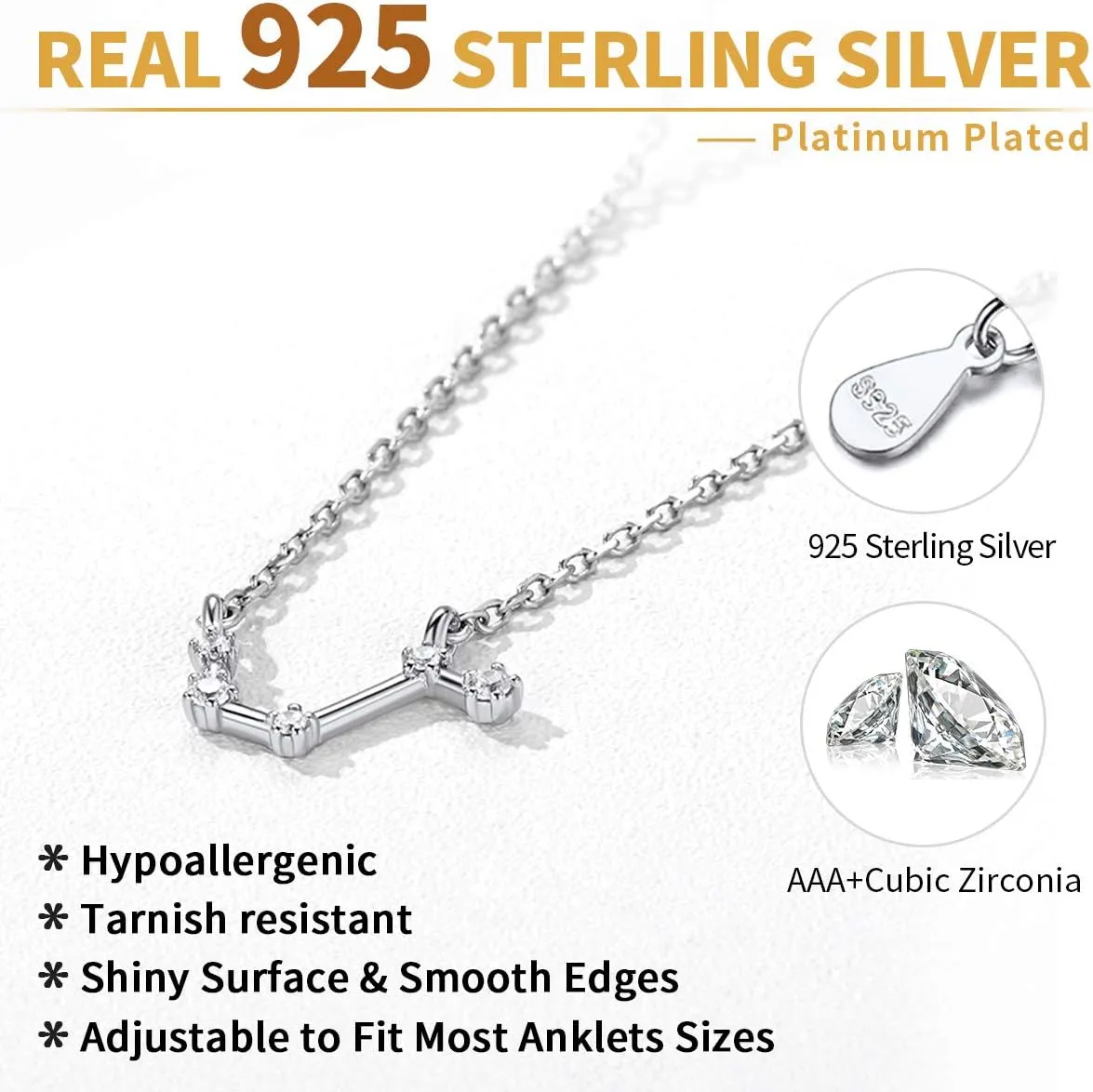 ChicSilver 12 Constellation Zodiac Anklet for Women Sterling Silver Cubic Zirconia Horoscope Ankle Bracelets, 8"-10" Adjustable(with Gift Box)