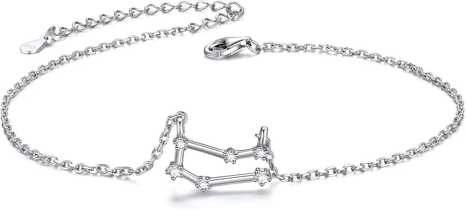 ChicSilver 12 Constellation Zodiac Anklet for Women Sterling Silver Cubic Zirconia Horoscope Ankle Bracelets, 8"-10" Adjustable(with Gift Box)