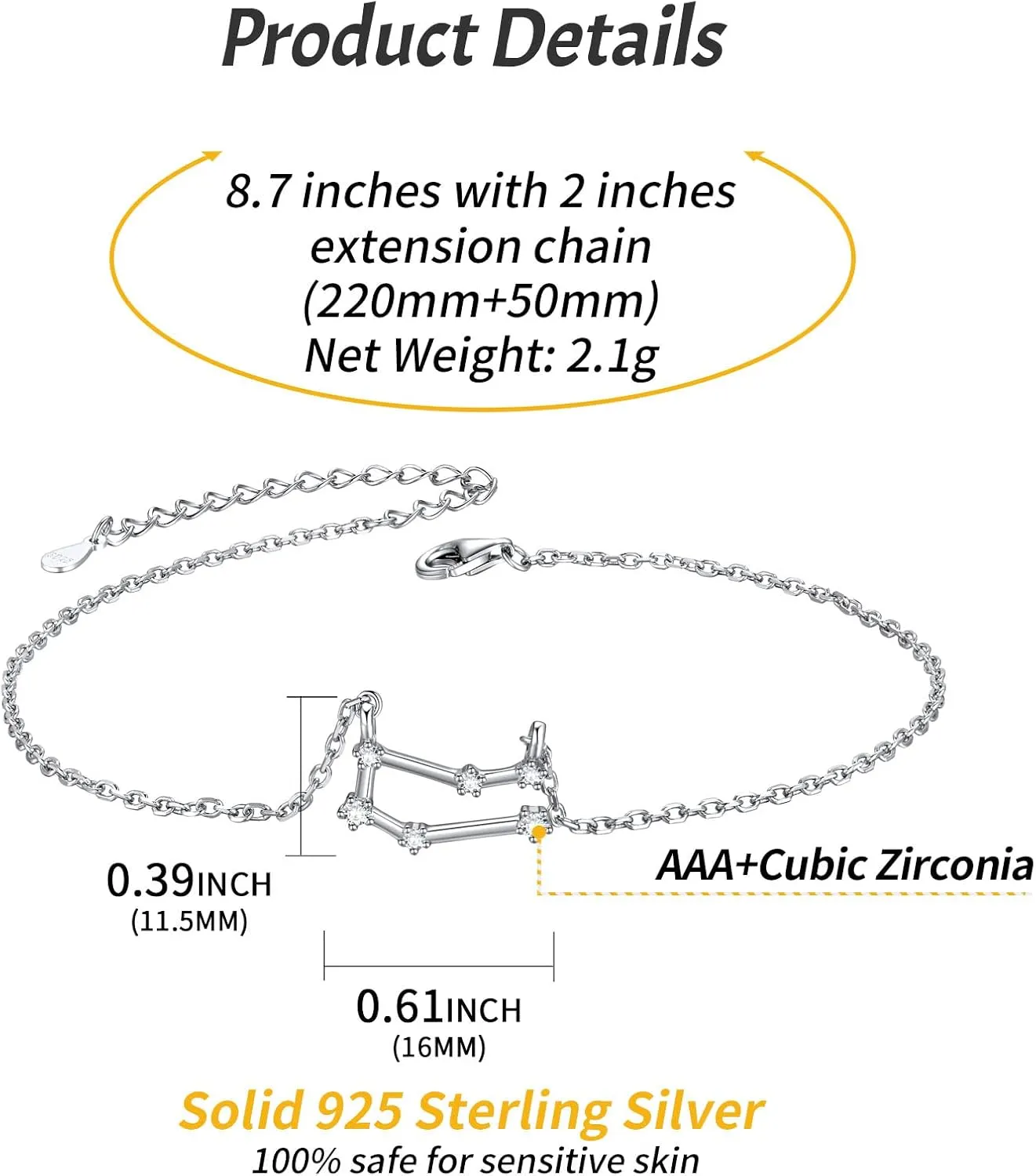 ChicSilver 12 Constellation Zodiac Anklet for Women Sterling Silver Cubic Zirconia Horoscope Ankle Bracelets, 8"-10" Adjustable(with Gift Box)