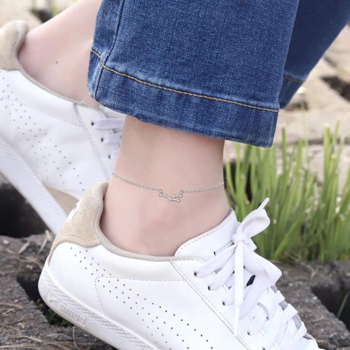 ChicSilver 12 Constellation Zodiac Anklet for Women Sterling Silver Cubic Zirconia Horoscope Ankle Bracelets, 8"-10" Adjustable(with Gift Box)