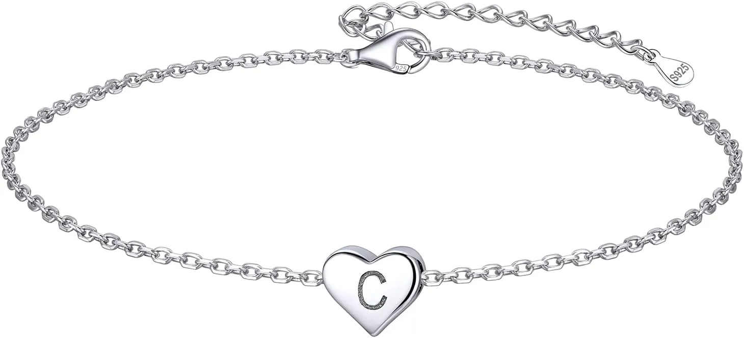 ChicSilver 925 Sterling Silver Initial Anklets for Women Dainty Beach Heart Ankle Bracelet Foot Jewelry-Adjustable Size(with Gift Box)