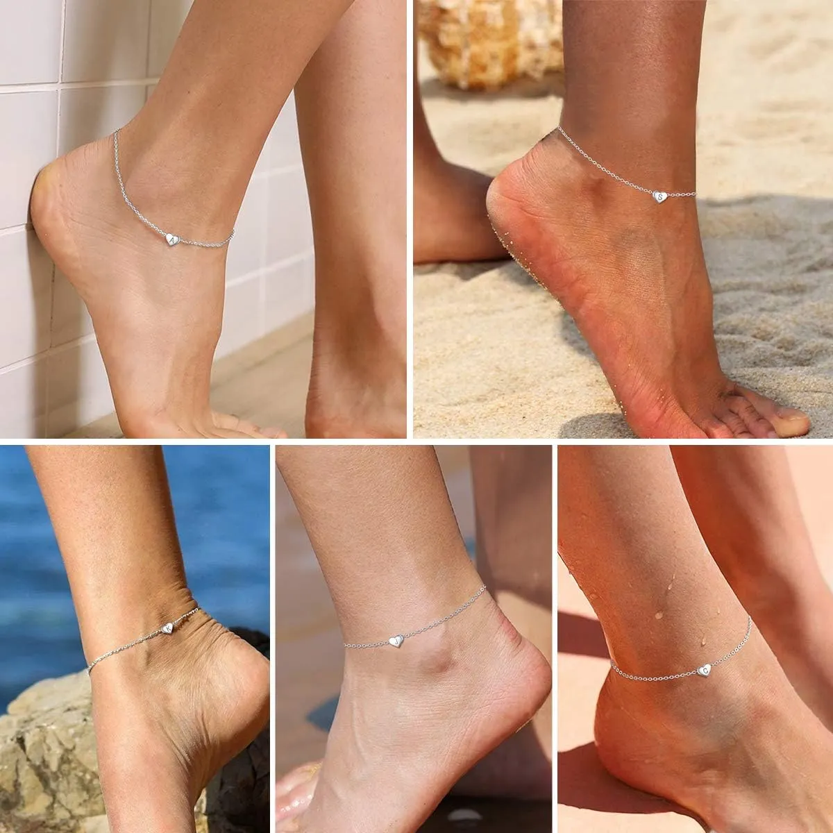 ChicSilver 925 Sterling Silver Initial Anklets for Women Dainty Beach Heart Ankle Bracelet Foot Jewelry-Adjustable Size(with Gift Box)