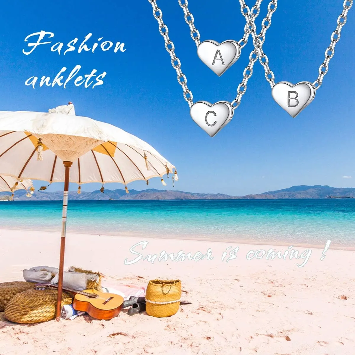 ChicSilver 925 Sterling Silver Initial Anklets for Women Dainty Beach Heart Ankle Bracelet Foot Jewelry-Adjustable Size(with Gift Box)