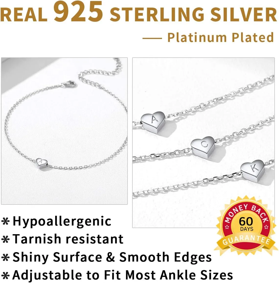 ChicSilver 925 Sterling Silver Initial Anklets for Women Dainty Beach Heart Ankle Bracelet Foot Jewelry-Adjustable Size(with Gift Box)