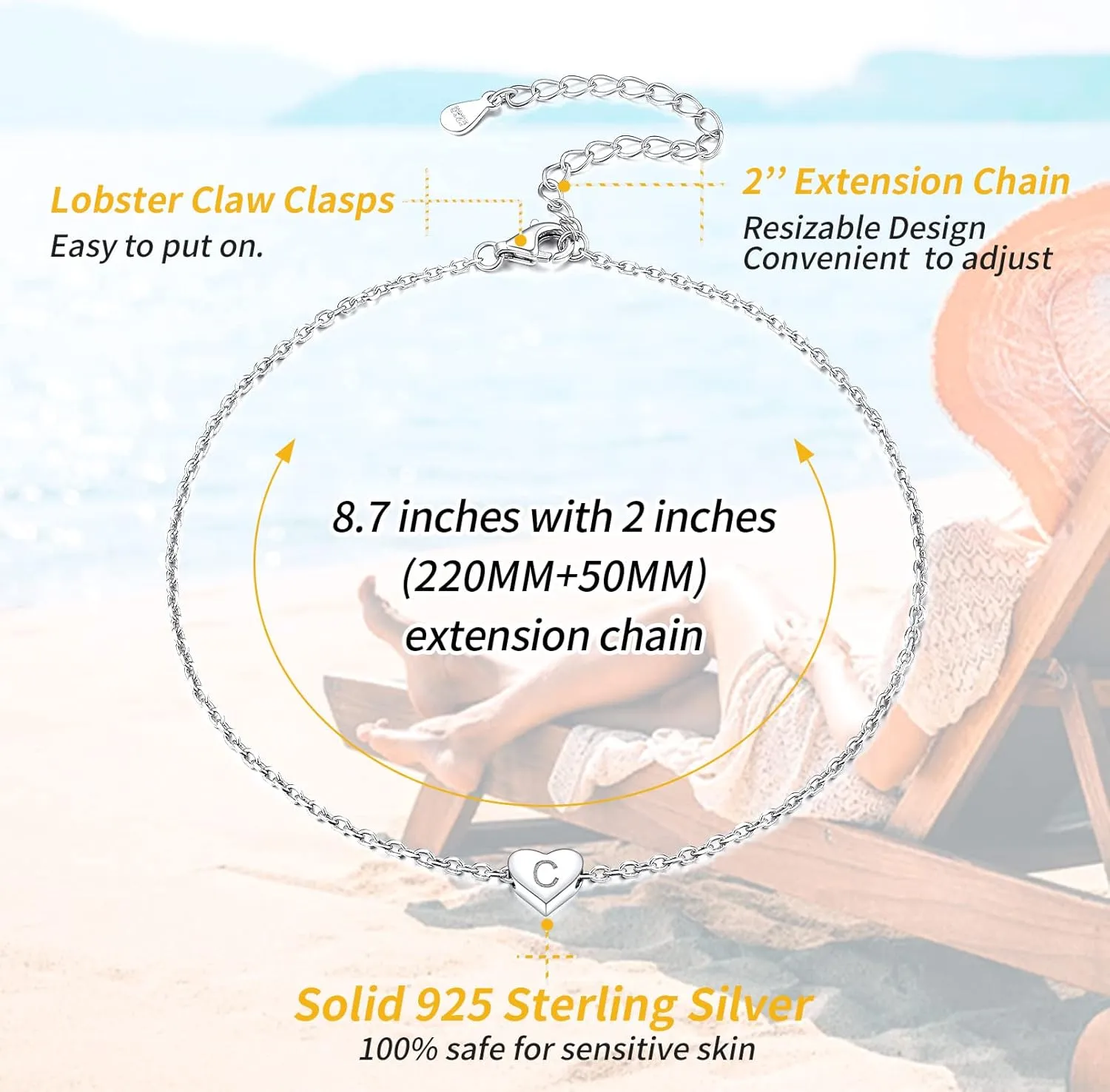 ChicSilver 925 Sterling Silver Initial Anklets for Women Dainty Beach Heart Ankle Bracelet Foot Jewelry-Adjustable Size(with Gift Box)