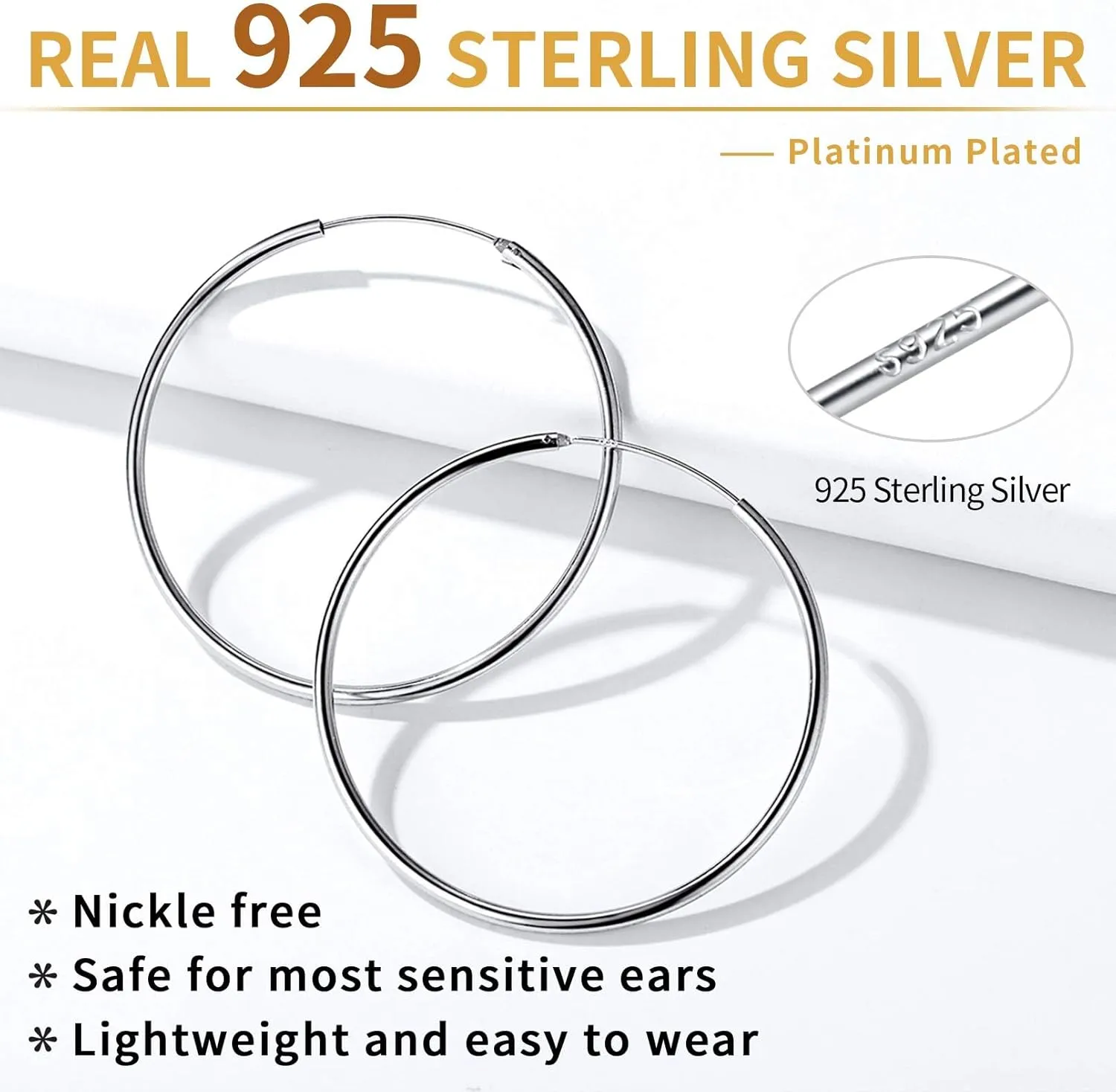 ChicSilver Hypoallergenic 925 Sterling Silver Hoop Earrings Lightweight Large Silver Hoop Earrings for Women, Endless Huggie Earrings 15/20/30/50/70MM