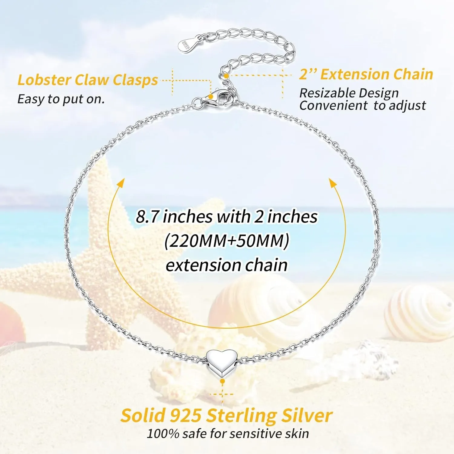 ChicSilver Personalized 925 Sterling Silver Tiny Heart/Moon/Star/Sun/Dot/Triangle Anklets Simple Dainty Foot Jewelry for Women, Silver/Gold/Rose Gold(with Gift Box)