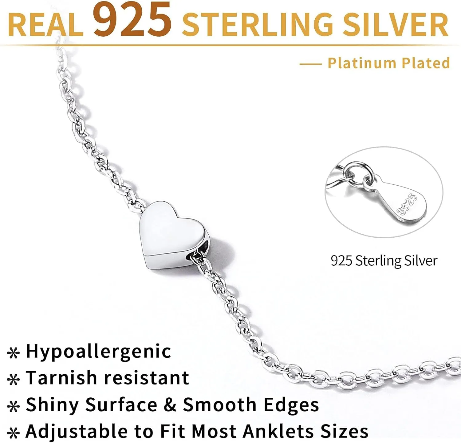 ChicSilver Personalized 925 Sterling Silver Tiny Heart/Moon/Star/Sun/Dot/Triangle Anklets Simple Dainty Foot Jewelry for Women, Silver/Gold/Rose Gold(with Gift Box)
