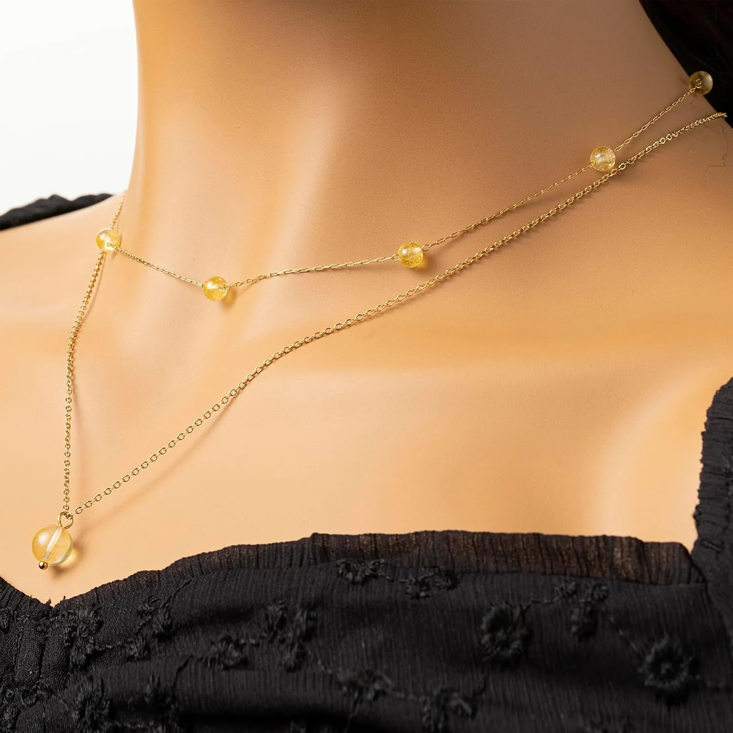 Citrine Layered Crystal Beaded 14K Gold Plated Necklace Handmade November Birthstone Necklace Jewelry Sets For Women With Paperclip and Cable Station Chains Hypoallergenic Classy Elegant Keenove