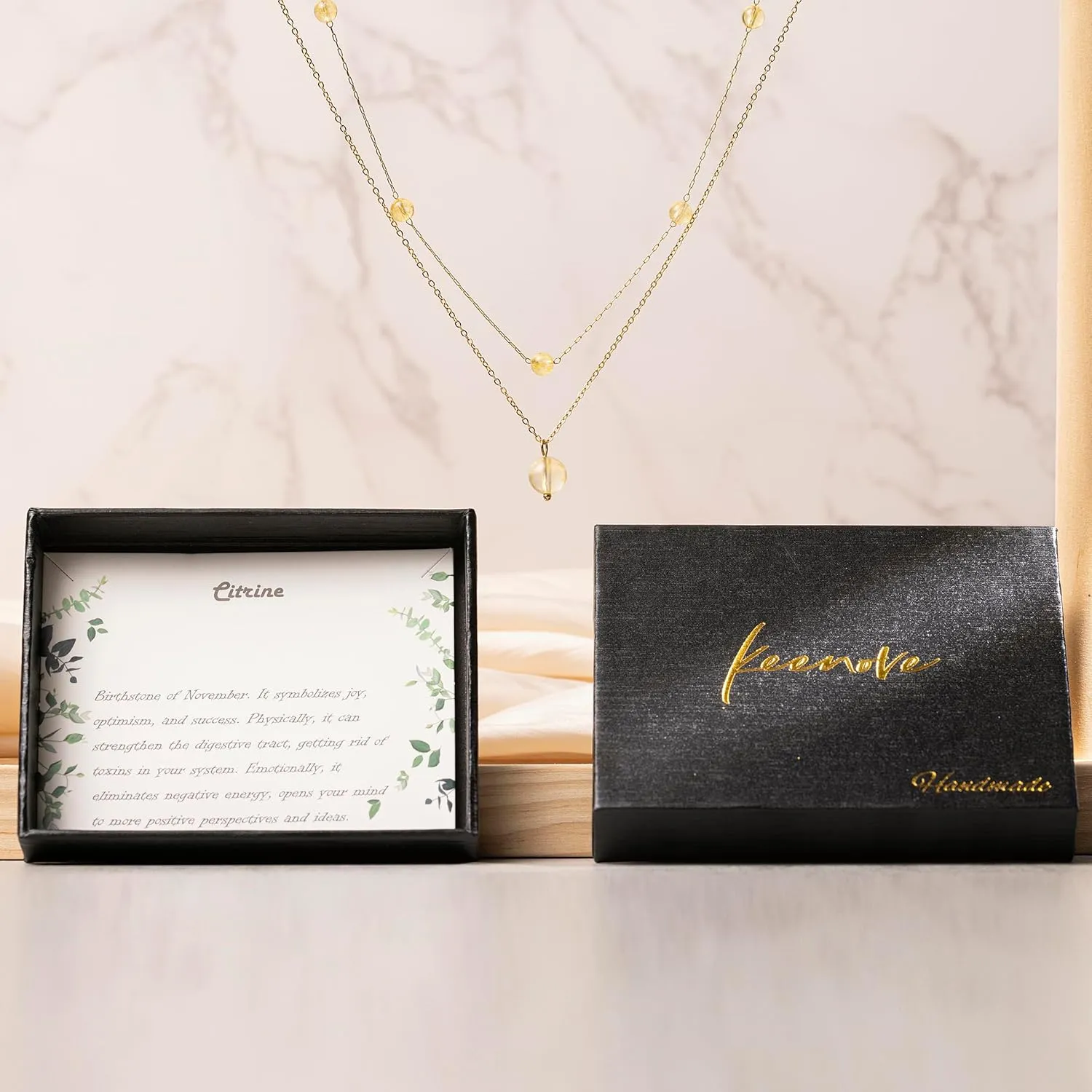 Citrine Layered Crystal Beaded 14K Gold Plated Necklace Handmade November Birthstone Necklace Jewelry Sets For Women With Paperclip and Cable Station Chains Hypoallergenic Classy Elegant Keenove