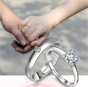 Classic Couple Rings Sterling Silver CZ Round Cut Moissanite Wedding Bands Men and Women Promise Rings White Gold Plated Zirconia Stones Matching Ring Size Adjustable(2PCS)