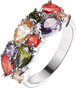 Classic Multi Gemstones Silver Rings with Birthstone Crystals Amethyst Garnet Morganite Peridot, Jewelry Gifts for Women