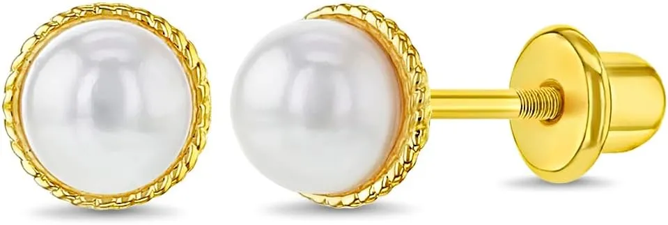 Classic White Simulated Pearl Rope Bezel Gold Plated Screw Back Baby Earrings - Timeless and Elegant Jewelry Perfect Accessories for All Occasions - For Infants, Toddlers, and Little Girls