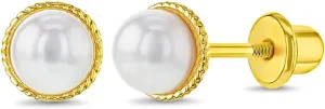 Classic White Simulated Pearl Rope Bezel Gold Plated Screw Back Baby Earrings - Timeless and Elegant Jewelry Perfect Accessories for All Occasions - For Infants, Toddlers, and Little Girls