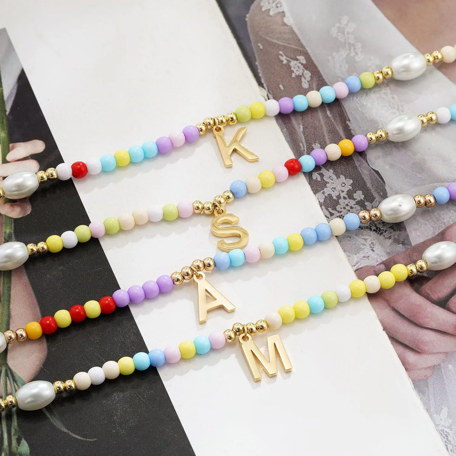 Colorful Beaded Initial Necklace for Teen Girls, Trendy Dainty Pearl Letter Choker Charm Necklaces for Kids Women, Handmade 14K Gold Plated Bohomian Birthday Personalized A-Z Jewelry Gifts