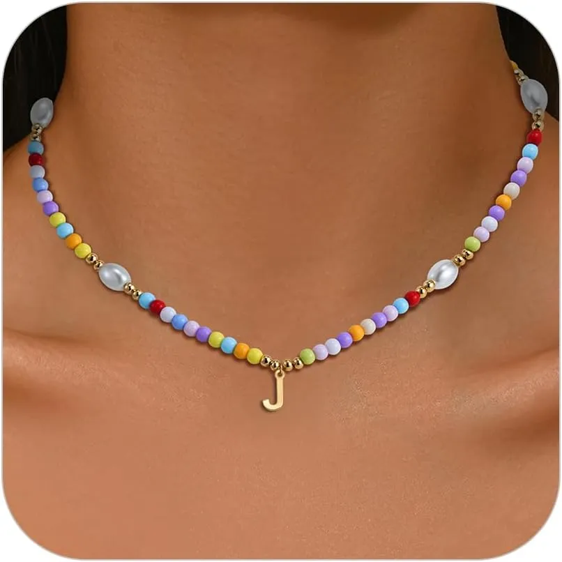 Colorful Beaded Initial Necklace for Teen Girls, Trendy Dainty Pearl Letter Choker Charm Necklaces for Kids Women, Handmade 14K Gold Plated Bohomian Birthday Personalized A-Z Jewelry Gifts
