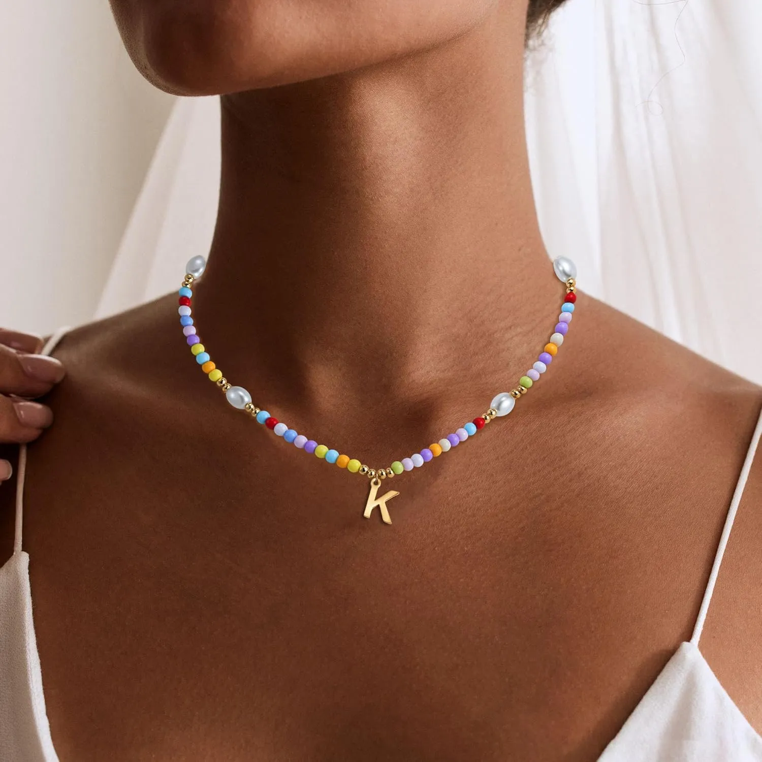 Colorful Beaded Initial Necklace for Teen Girls, Trendy Dainty Pearl Letter Choker Charm Necklaces for Kids Women, Handmade 14K Gold Plated Bohomian Birthday Personalized A-Z Jewelry Gifts