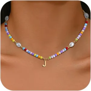 Colorful Beaded Initial Necklace for Teen Girls, Trendy Dainty Pearl Letter Choker Charm Necklaces for Kids Women, Handmade 14K Gold Plated Bohomian Birthday Personalized A-Z Jewelry Gifts