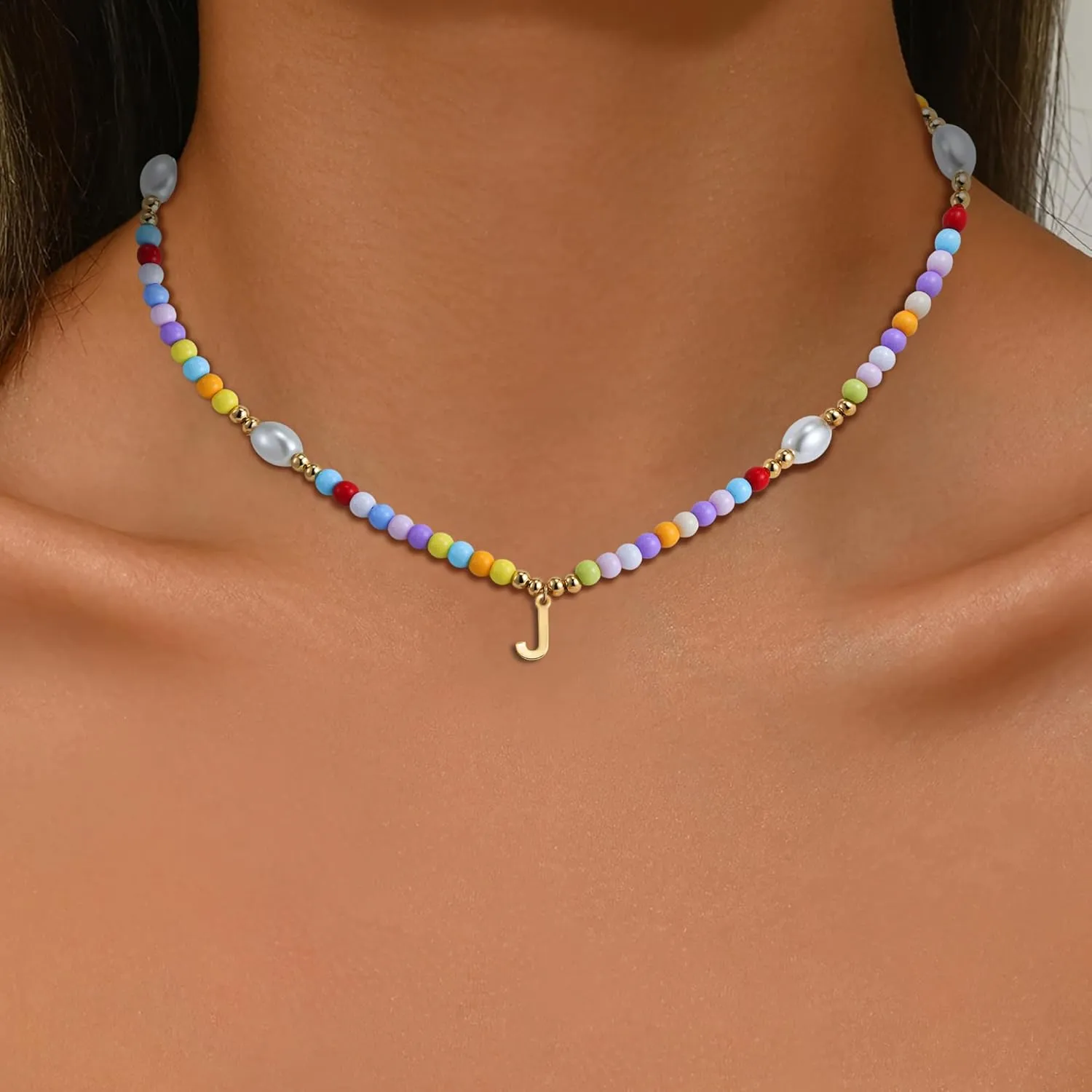 Colorful Beaded Initial Necklace for Teen Girls, Trendy Dainty Pearl Letter Choker Charm Necklaces for Kids Women, Handmade 14K Gold Plated Bohomian Birthday Personalized A-Z Jewelry Gifts