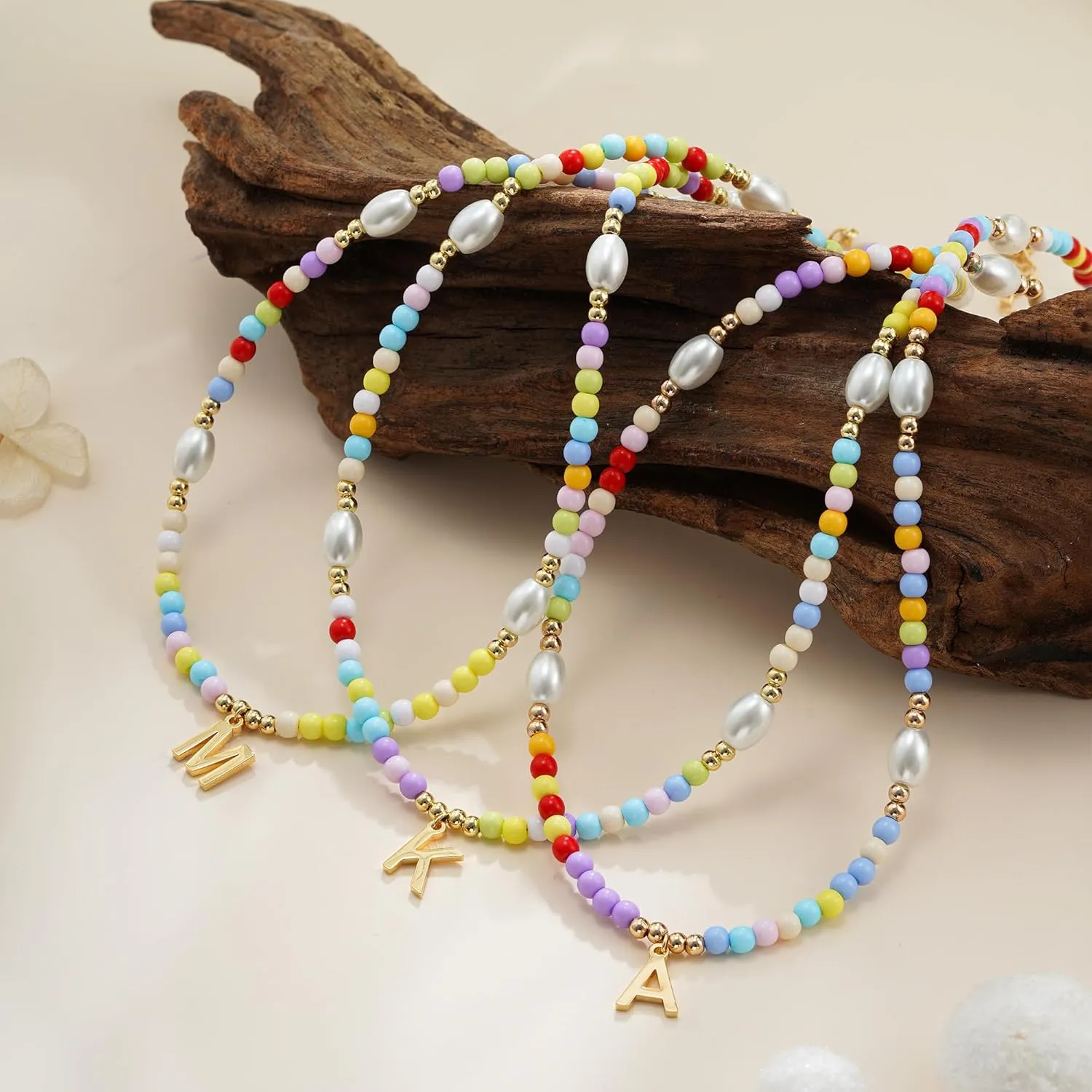 Colorful Beaded Initial Necklace for Teen Girls, Trendy Dainty Pearl Letter Choker Charm Necklaces for Kids Women, Handmade 14K Gold Plated Bohomian Birthday Personalized A-Z Jewelry Gifts