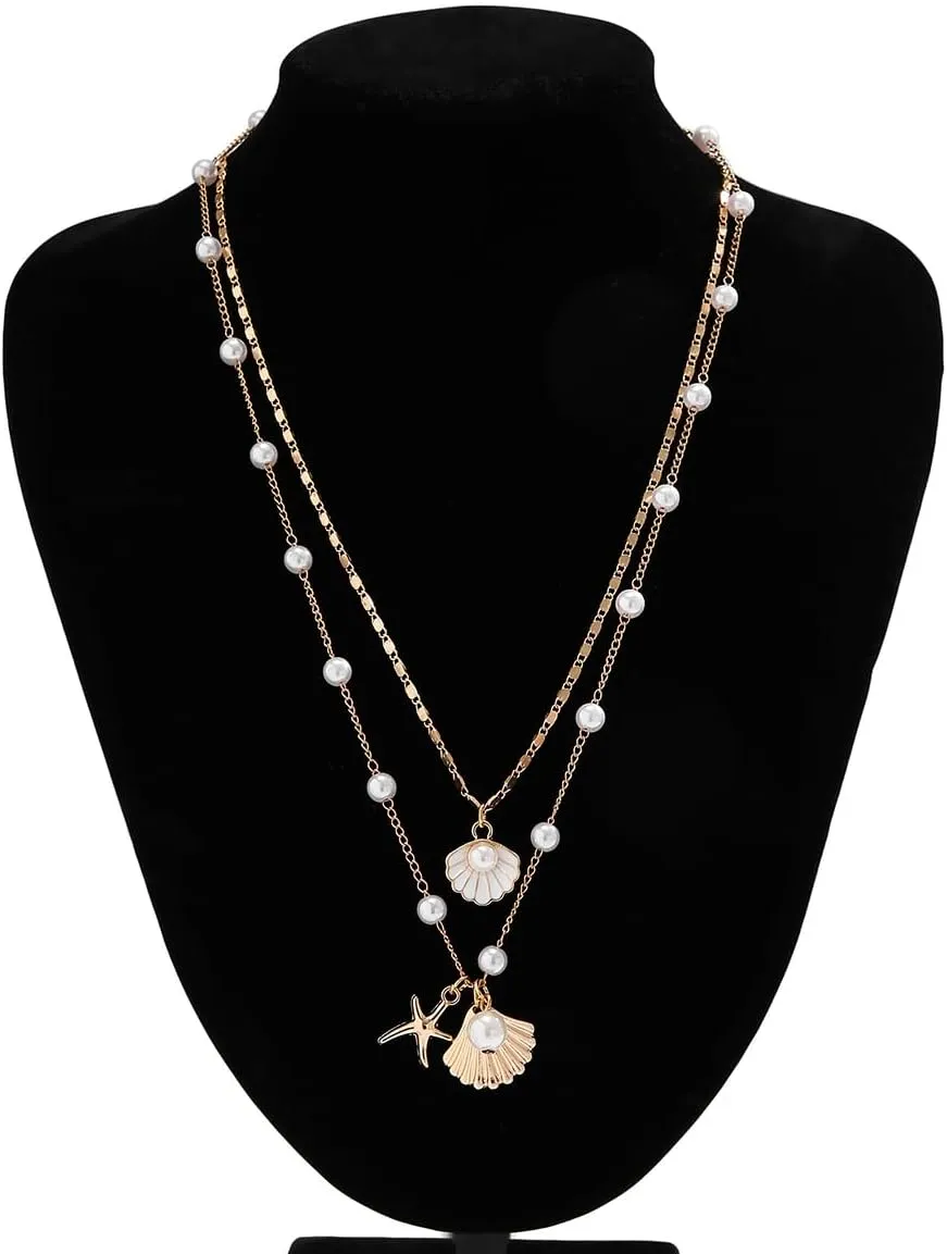 COLORFUL BLING Bohemian Puka Shell Necklace Layered Sequins Starfish Conch Seashell Choker Necklaces for Women Summer Beach Holiday Beach Surfer Jewelry