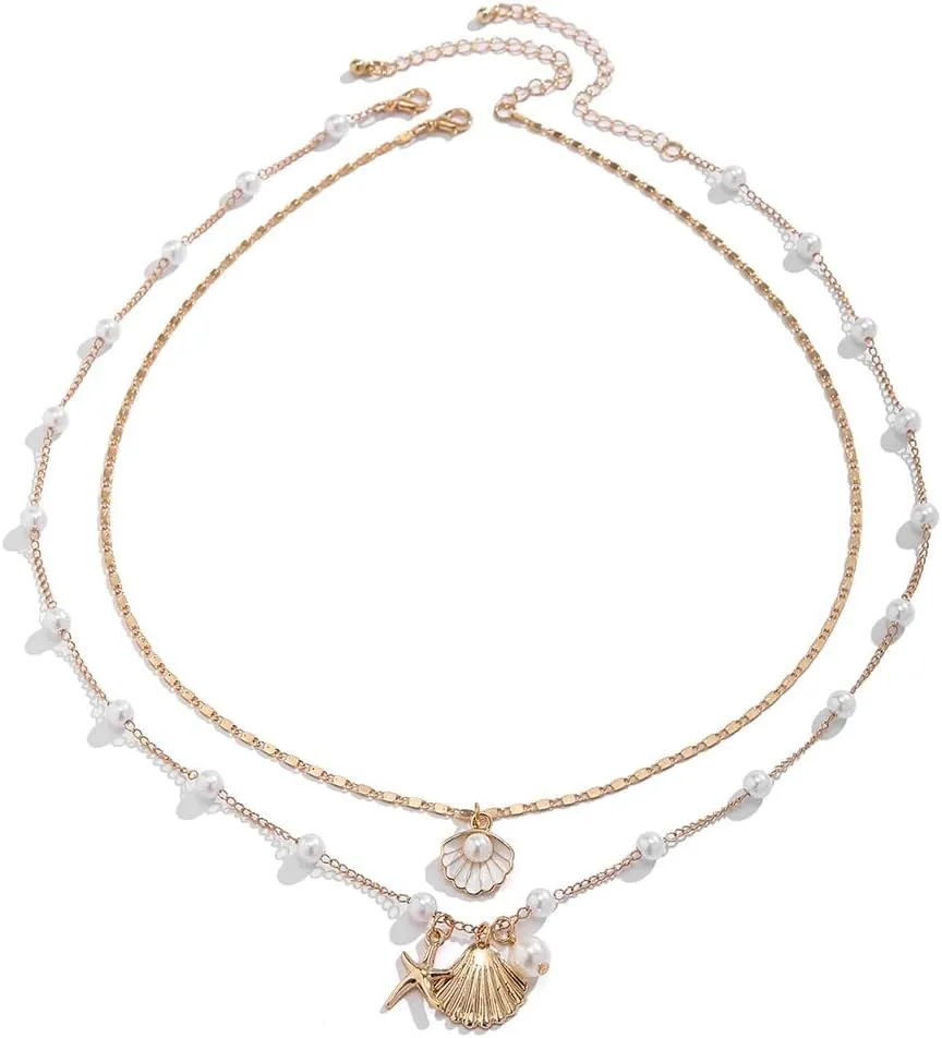 COLORFUL BLING Bohemian Puka Shell Necklace Layered Sequins Starfish Conch Seashell Choker Necklaces for Women Summer Beach Holiday Beach Surfer Jewelry