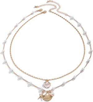 COLORFUL BLING Bohemian Puka Shell Necklace Layered Sequins Starfish Conch Seashell Choker Necklaces for Women Summer Beach Holiday Beach Surfer Jewelry