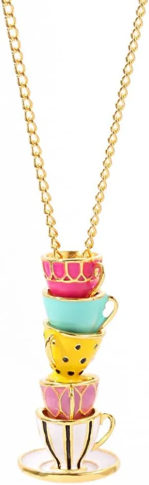 COLORFUL BLING Funny Stacked Enamel Teacup Necklace 3D Coffee Cup Teapot Pendant Necklace Elegant Teacup Long Sweater Necklace for Women