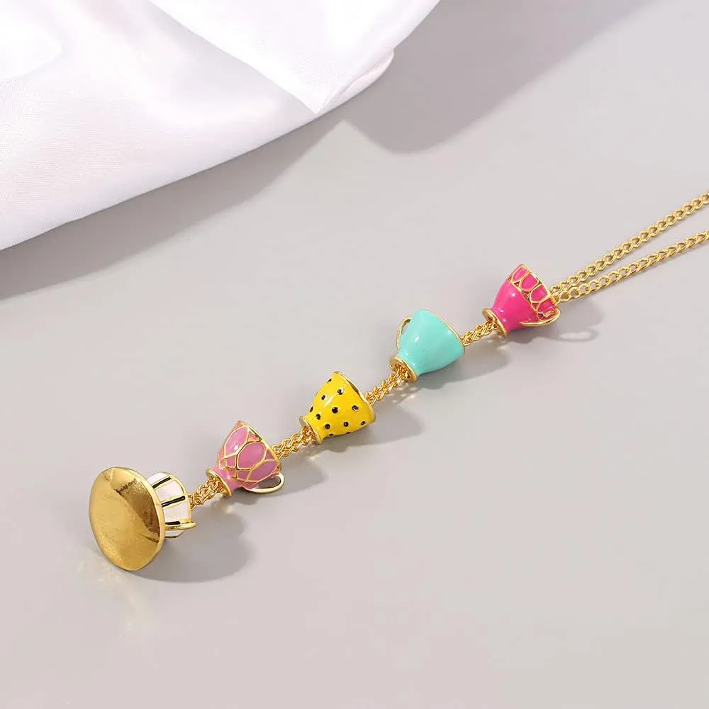 COLORFUL BLING Funny Stacked Enamel Teacup Necklace 3D Coffee Cup Teapot Pendant Necklace Elegant Teacup Long Sweater Necklace for Women