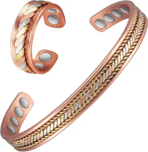 Copper Bracelets for Women, Copper Rings, Adjustable Cuff Bangles, Tri-color Woven Magnetic Bracelets Rings for Men