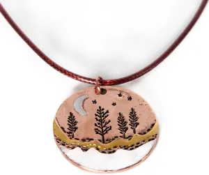 Copper Tone Boho Pendant Necklace - Inspirational Forest Night Medallion on Vintage Rope Cord, Long Trendy Necklaces for Women with Gift Bag
