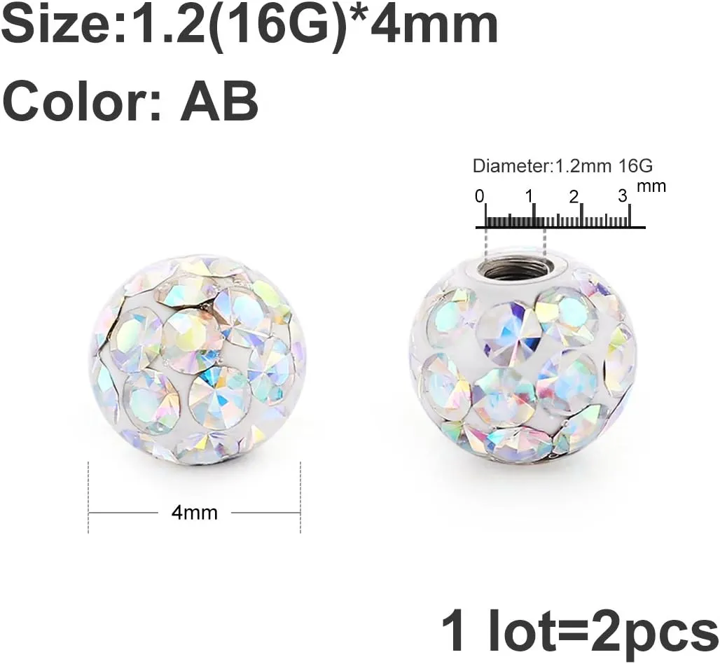 COTTVOTT 2Pcs 4mm(16G) 6mm(14G) 8mm(14G) Body Piercing Jewelry Replacement Sparkling Crystal Screw Balls