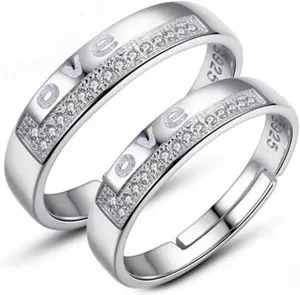 Couple Rings Promise Ring for Men Women, Adjustable Letter 'Love' Zircon Ring Classic Band Rings Silver Plated, Personalized Proposal Wedding Engagement Valentine's Day Christmas Gifts for Couple