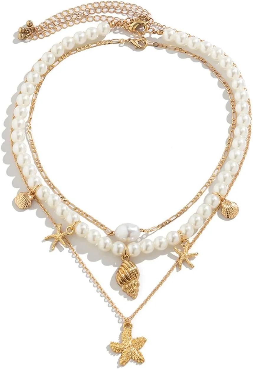Cowrie Shell Necklace for Women Natural Sea Shell Beads Choker Necklace Gold Shell Charm Necklace Adjustable Layered Seashell Beach Necklace Summer Jewelry Gift for Women