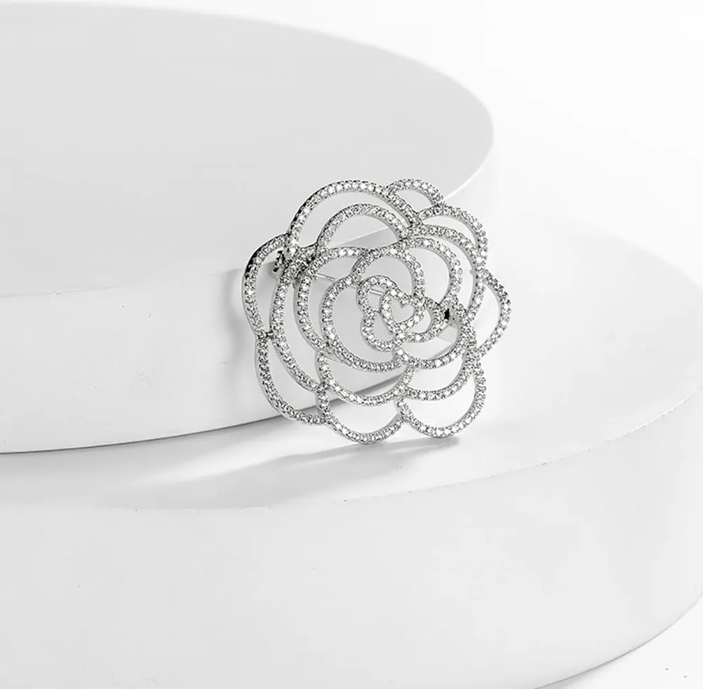 Crystal Camellia Flower Lapel Brooch Pin Rhinestone Hollow Rose Floral Love Heart Pins Clip Sweater Scarves Suit Bouquet Corsage Brooches Pins Dainty Jewelry Gifts for Women Girls Bridal