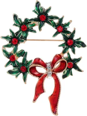 Cute Wreath Bow Red Enamel Green Rhinestones Christmas Ornament Brooch Lapel Pins for Women Girls Cute Ribbon Bowknot Crystal Decoration Brooches Pin for Suit Dress Xmas Festival Party Gifts