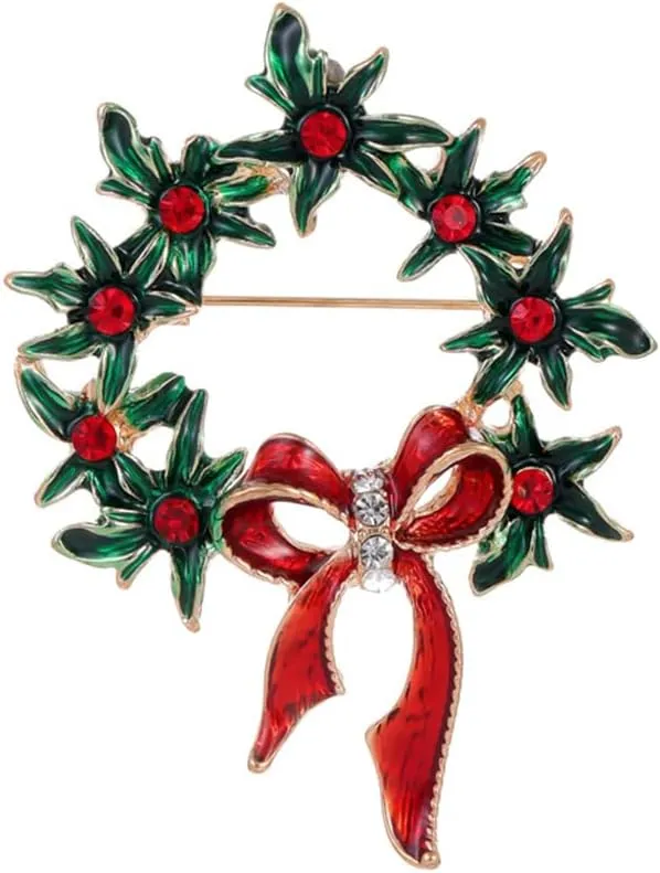 Cute Wreath Bow Red Enamel Green Rhinestones Christmas Ornament Brooch Lapel Pins for Women Girls Cute Ribbon Bowknot Crystal Decoration Brooches Pin for Suit Dress Xmas Festival Party Gifts