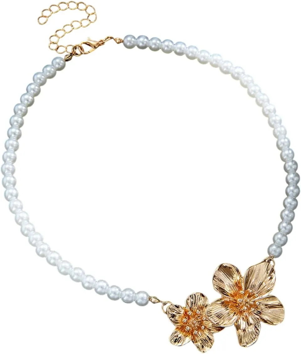 Dainty Elegant Flower Pendant Necklaces Handmade Adjustable Imitation Pearl Beaded Floral Choker Necklace Bohemia Summer Beach Statement Collar for Women Party Wedding Jewelry Gifts