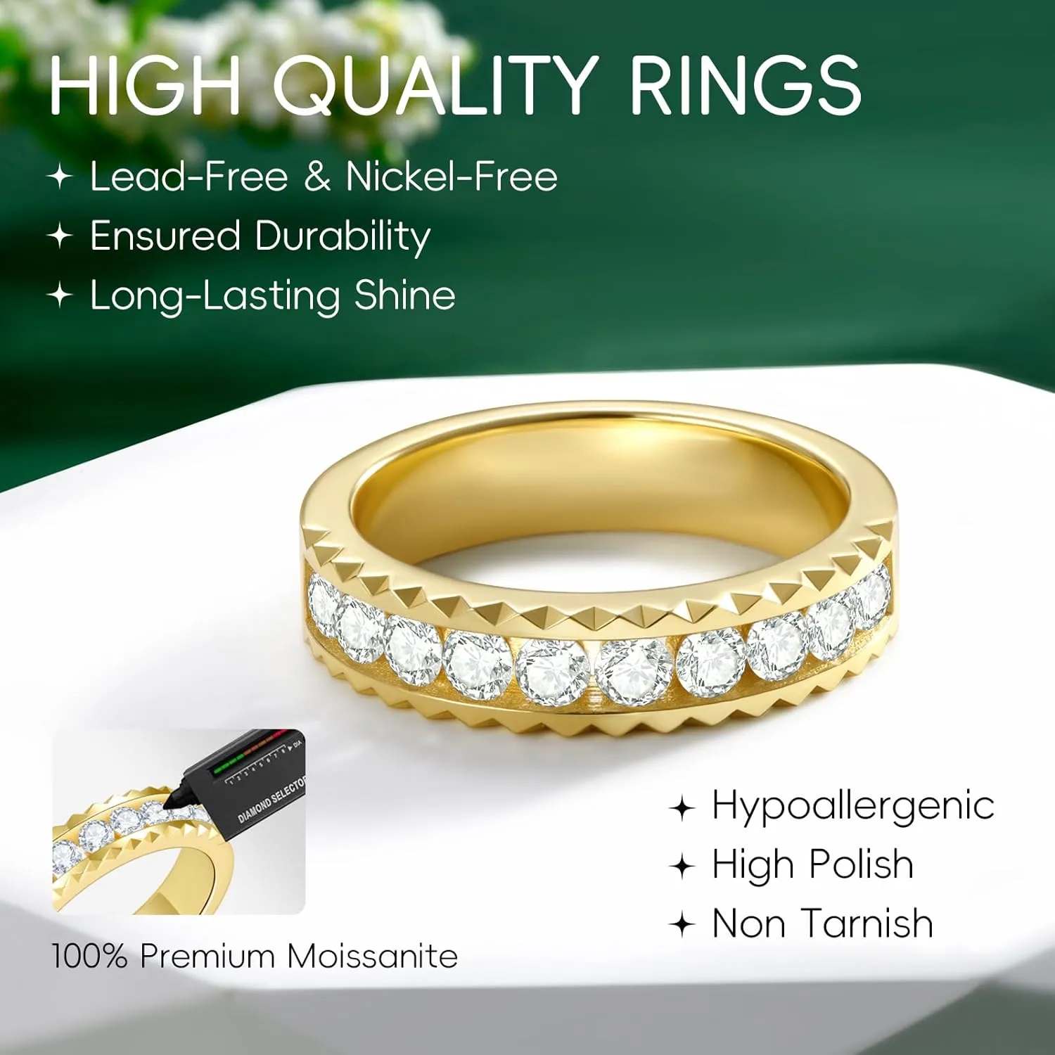 Dainty Eternity Wedding Rings for Women | Moissanite or Lab Grown Emerald 925 Sterling Silver 14K Gold Plated Stackable Band Non Tarnish | Birthday Jewelry Gifts for Her Size 5-10