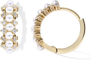 Dainty Gold Pearl Hoop Earrings - 14K Gold Plated, Hypoallergenic Ear Cuff for Women - Lightweight Cubic Zirconia, Small Huggie Earrings for Women