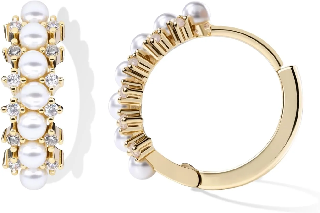 Dainty Gold Pearl Hoop Earrings - 14K Gold Plated, Hypoallergenic Ear Cuff for Women - Lightweight Cubic Zirconia, Small Huggie Earrings for Women