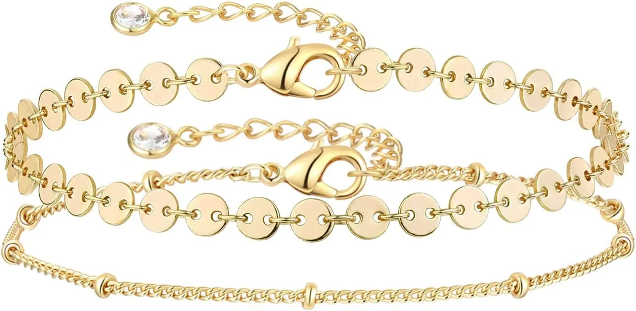 Dainty Layered Gold Chain Bracelet for Women 14K Gold Plated Handmade Adjustable Bracelet Satellite Beads Oval Mariner Figaro Link Chain Bracelets Minimalist Layering Stacking Jewelry Gift for Women