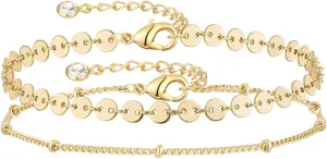 Dainty Layered Gold Chain Bracelet for Women 14K Gold Plated Handmade Adjustable Bracelet Satellite Beads Oval Mariner Figaro Link Chain Bracelets Minimalist Layering Stacking Jewelry Gift for Women