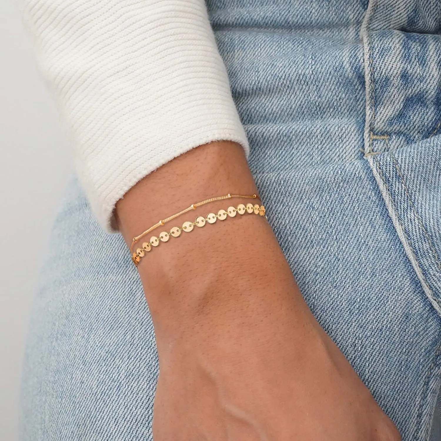 Dainty Layered Gold Chain Bracelet for Women 14K Gold Plated Handmade Adjustable Bracelet Satellite Beads Oval Mariner Figaro Link Chain Bracelets Minimalist Layering Stacking Jewelry Gift for Women