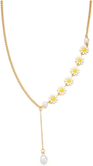 Daisy Flower Dangling Pearl Necklace for Women Elegant Bohemian Enamel Choker Cute Flowers Gold Plated Spring Sunflower Y Shaped Pretty Summer Necklaces Trendy Jewelry for Party Beach