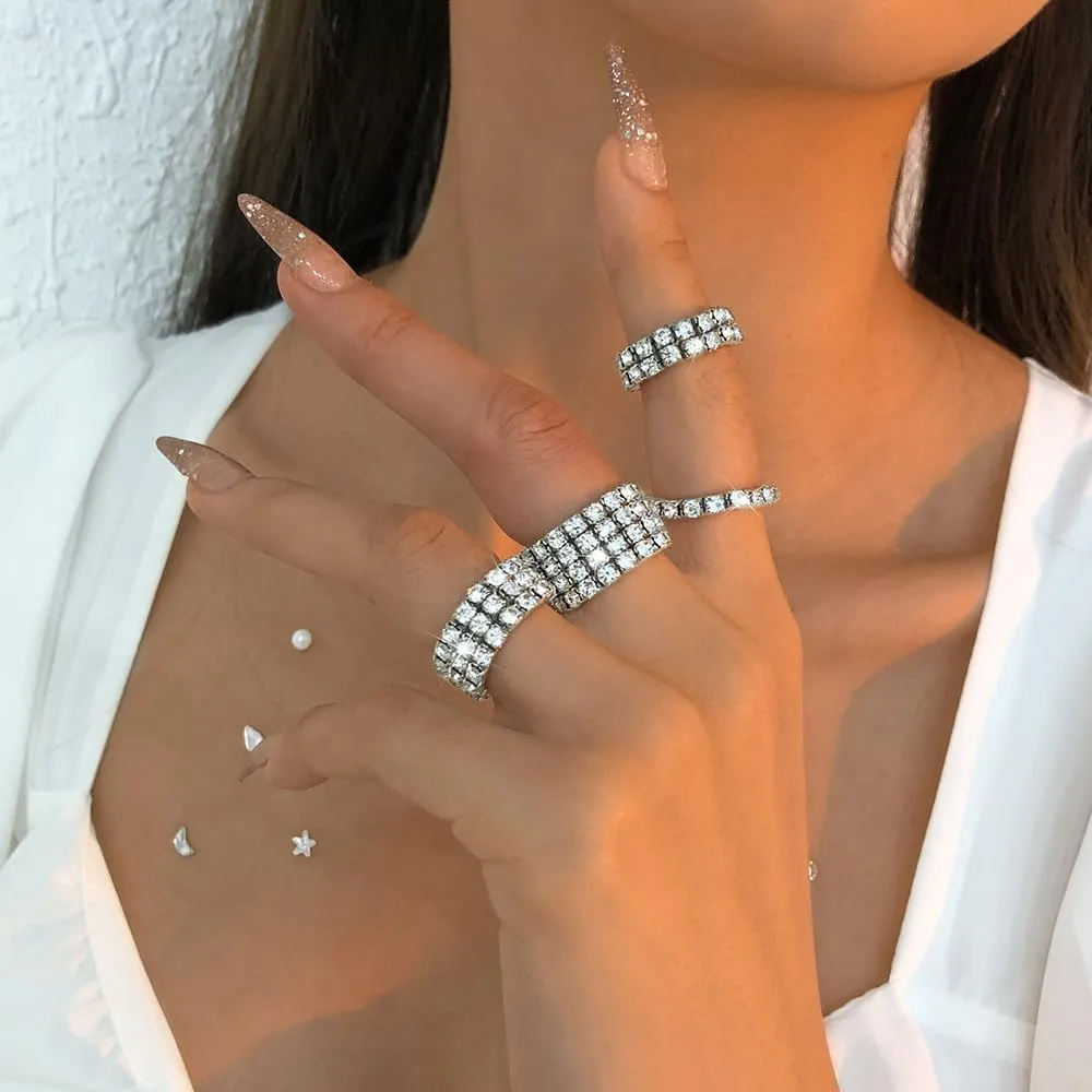 DATOA 4 PCS White Gold Color Rhinestone Stretch RingBand Eternity Rings for Women Sparkly Thumb Pinky Ring for Women Wedding Band Infinity Stackable Engagement Ring